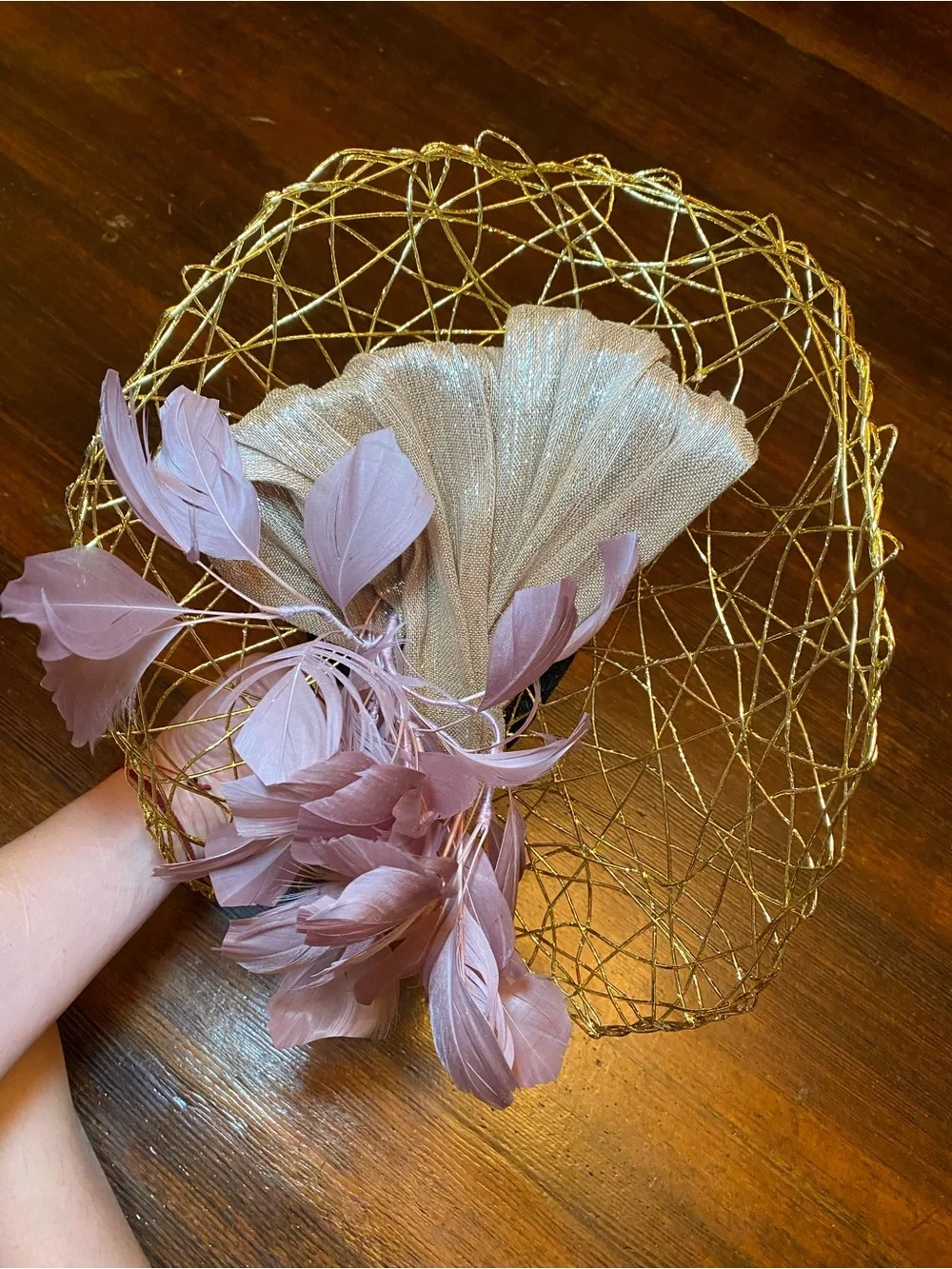 VGUC Aimee Fuller Elegant Gold and Pink Feathered Fascinator Headband